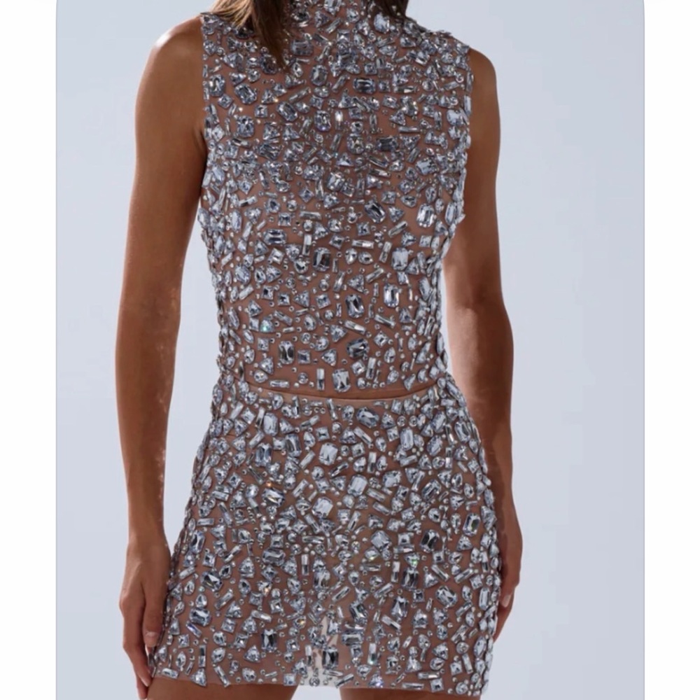 Embellished Sheer Mini Dress in Nude with Silver Accents